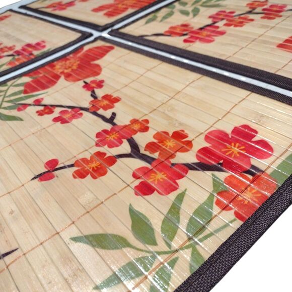 Set of 4 Placemats Asian Style Bamboo Cherry Blossoms Border Japanese 13x19" - Picture 3 of 11